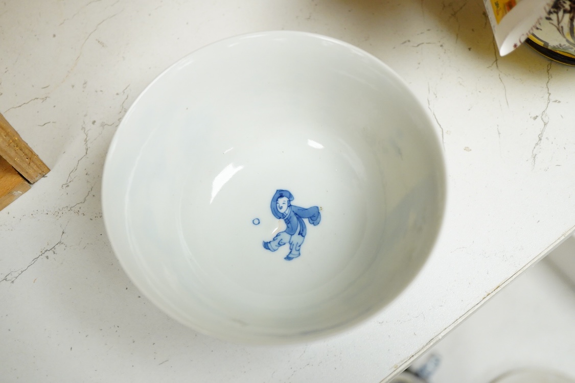 A Chinese blue and white bowl, Xuande mark but later, 12cm diameter